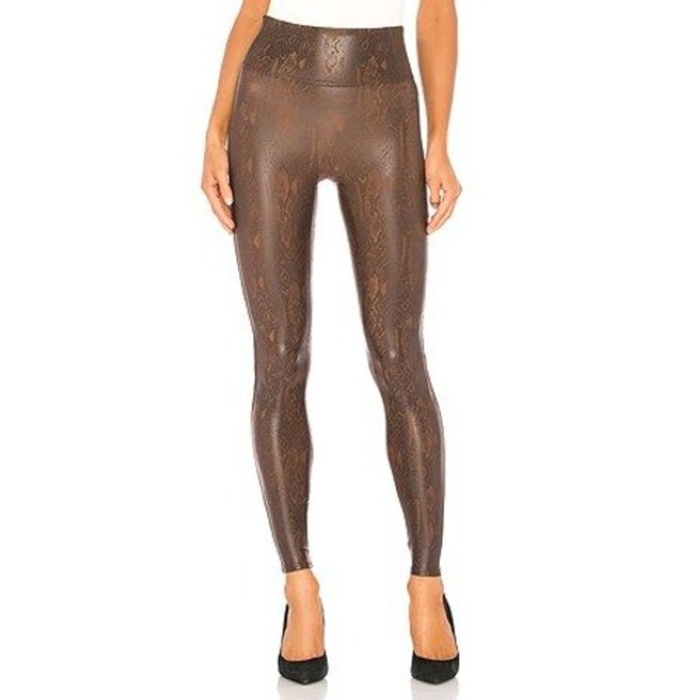 Spanx Faux Leather Leggings Women Medium Brown Snakeskin High Waist